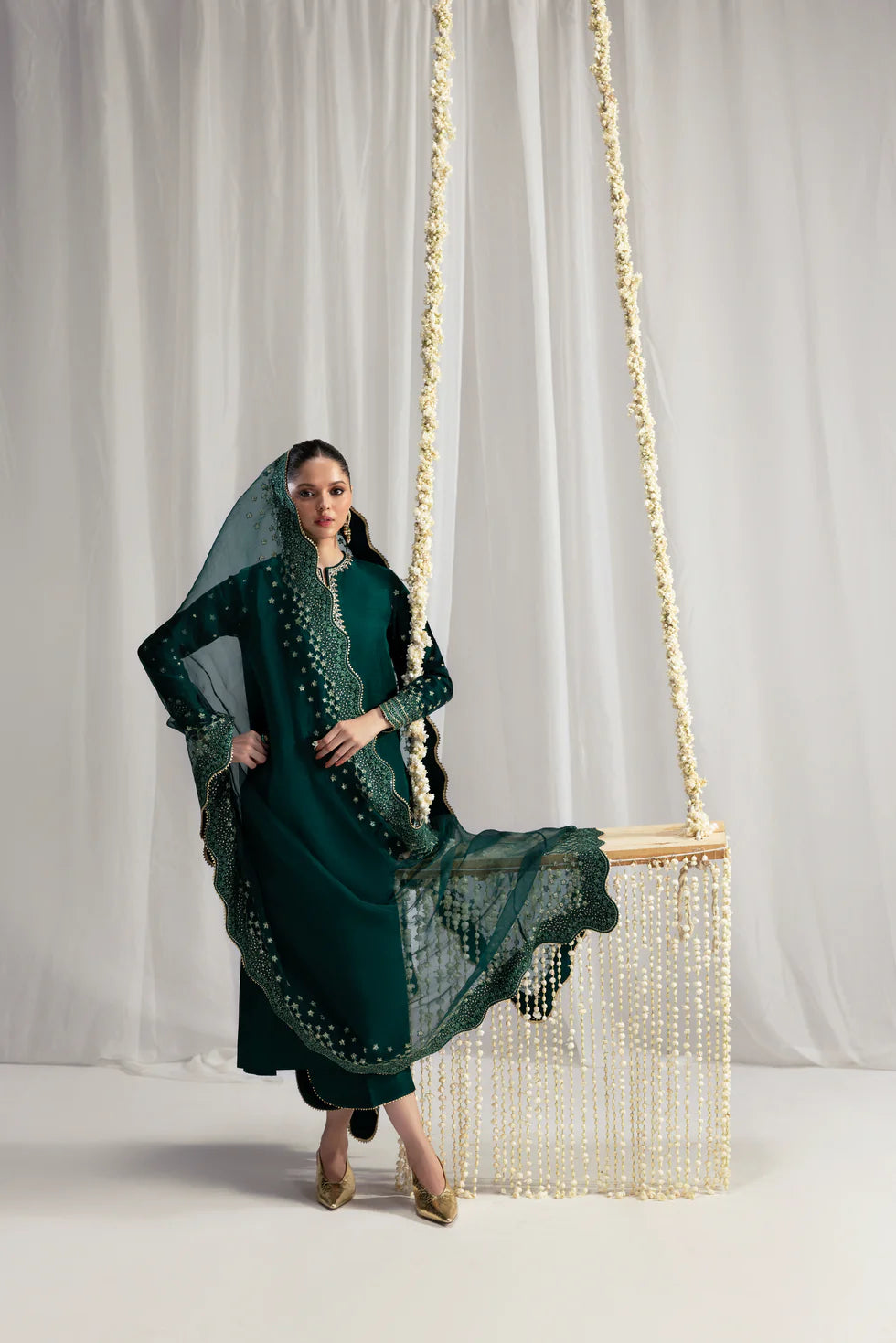Forest Elegance: Gold Embroidered Silk Suit | Ready To Wear