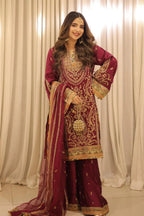 03-Piece Embroidered Silk Suit With Net Dupatta | Ready To Wear