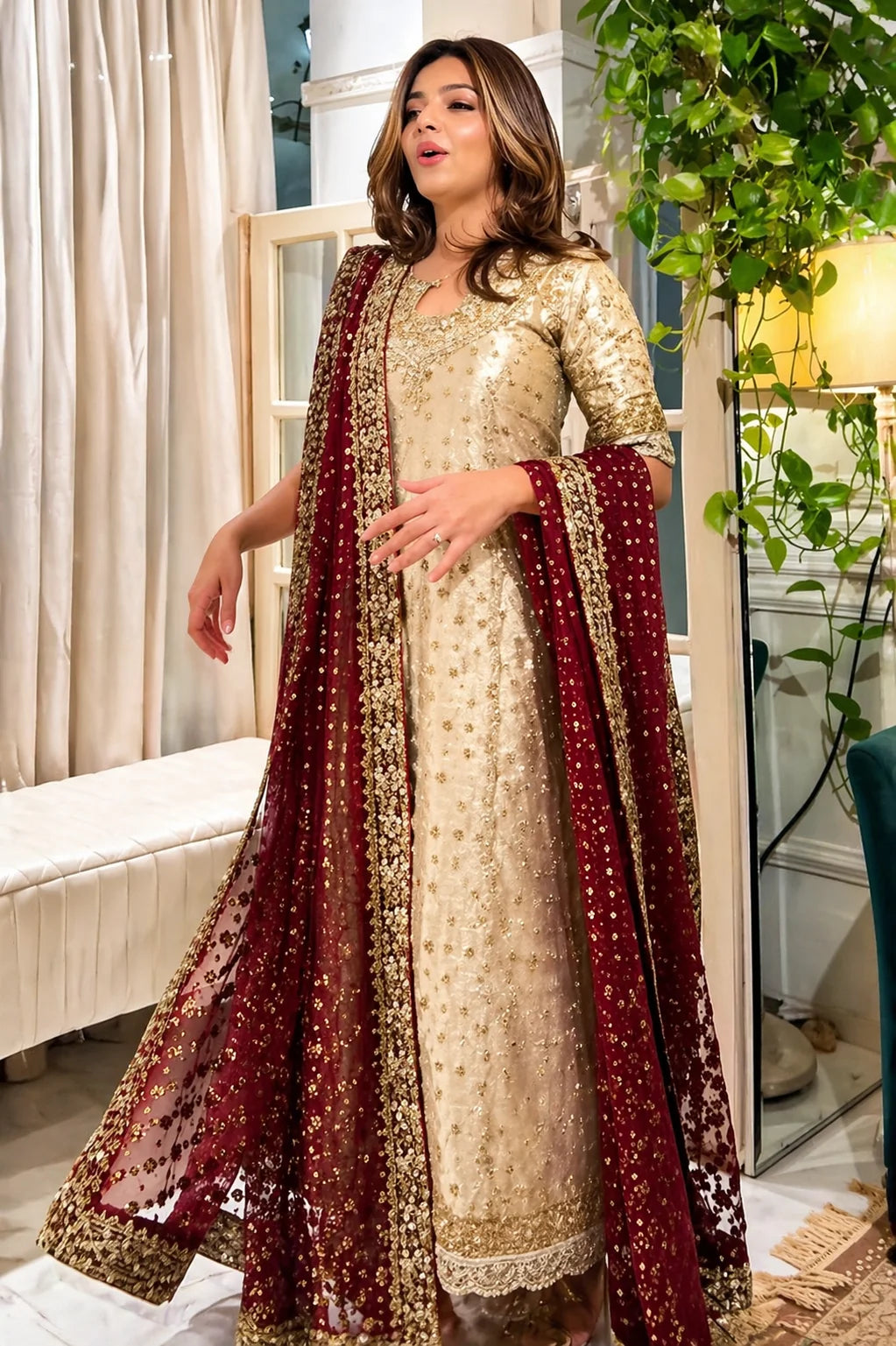 Shimmering Gold & Deep Maroon Embroidered 03-Piece Suit | Ready To Wear