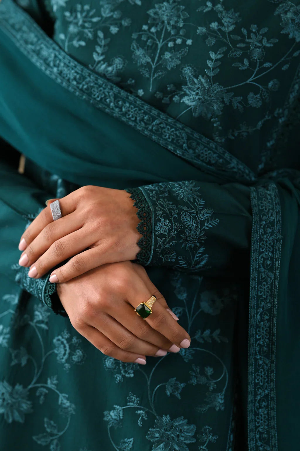 The Emerald Shadow: Embroidered Cotton Suit | Ready To Wear