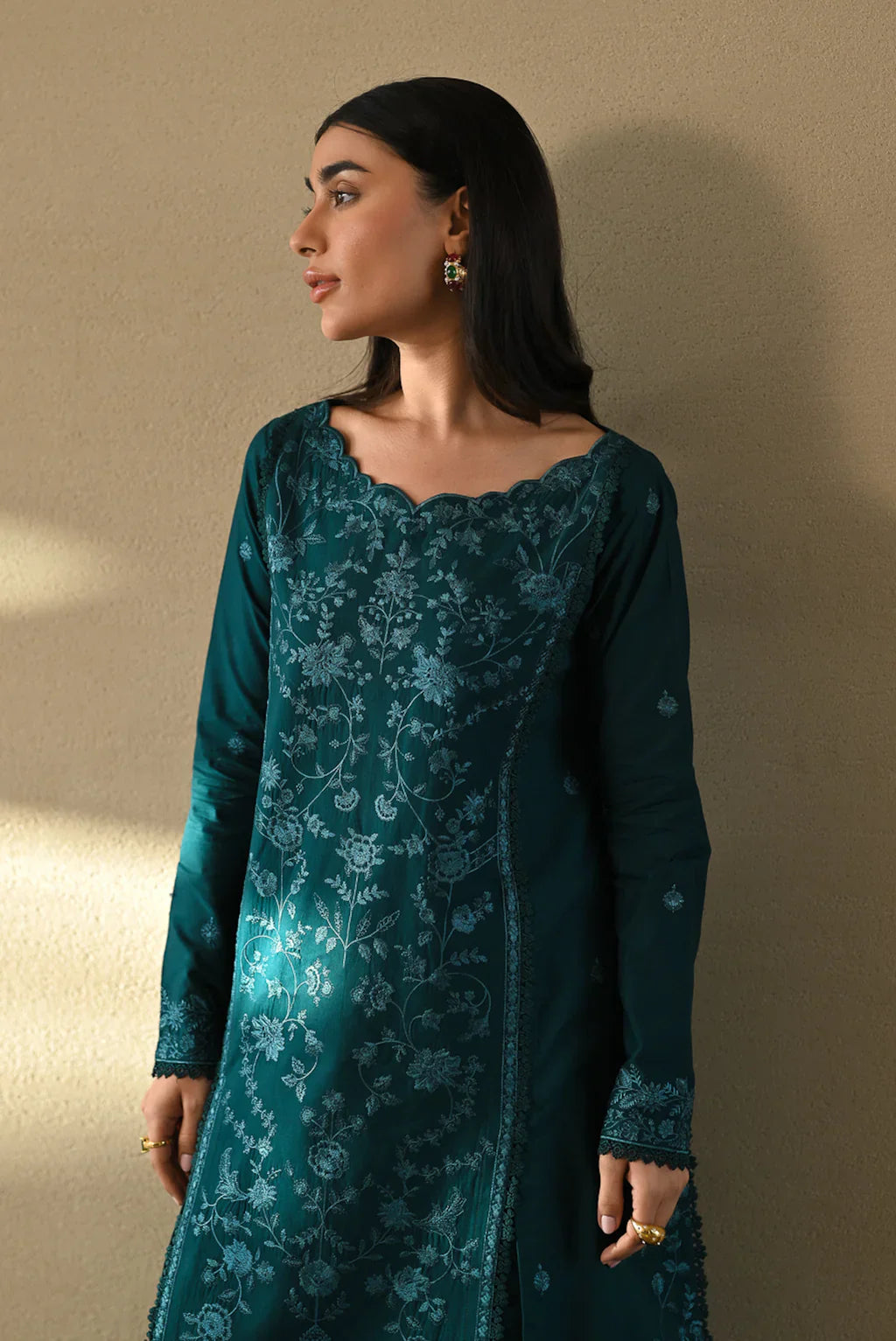 The Emerald Shadow: Embroidered Cotton Suit | Ready To Wear