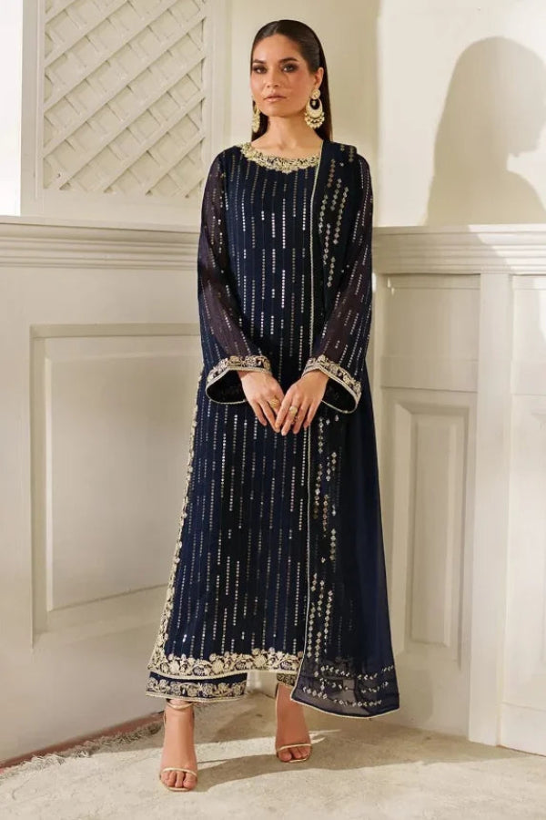 Royal Navy & Gold Accent: Embroidered Chiffon Suit | Ready To Wear