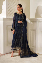Royal Navy & Gold Accent: Embroidered Chiffon Suit | Ready To Wear
