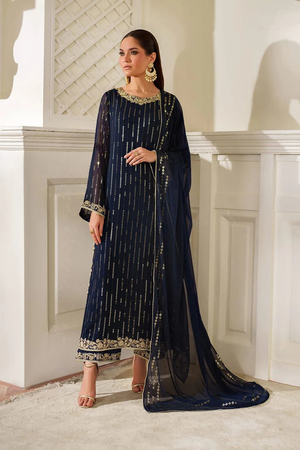 Royal Navy & Gold Accent: Embroidered Chiffon Suit | Ready To Wear