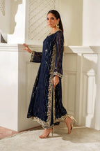 Royal Navy & Gold Accent: Embroidered Chiffon Suit | Ready To Wear
