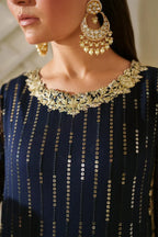 Royal Navy & Gold Accent: Embroidered Chiffon Suit | Ready To Wear