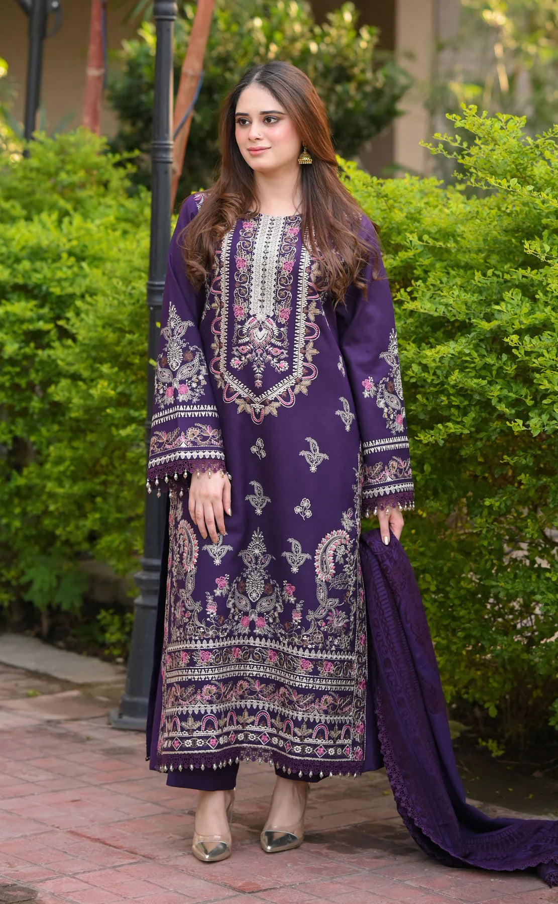 03-Piece Embroidered Cotton Suit With Silk Dupatta | Ready To Wear