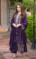 03-Piece Embroidered Cotton Suit With Silk Dupatta | Ready To Wear