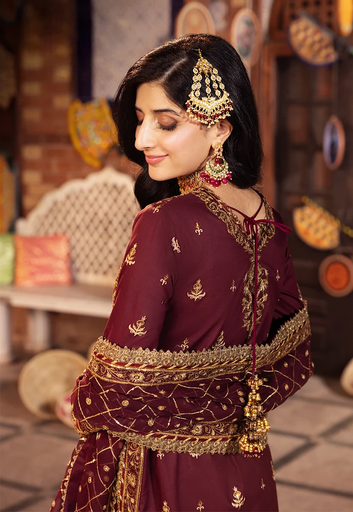 Deep Berry & Metallic Gold: Heavy Embroidered Chiffon Suit | Ready To Wear