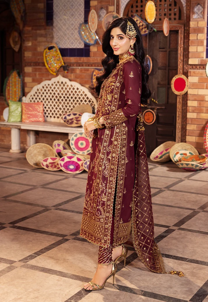 Deep Berry & Metallic Gold: Heavy Embroidered Chiffon Suit | Ready To Wear