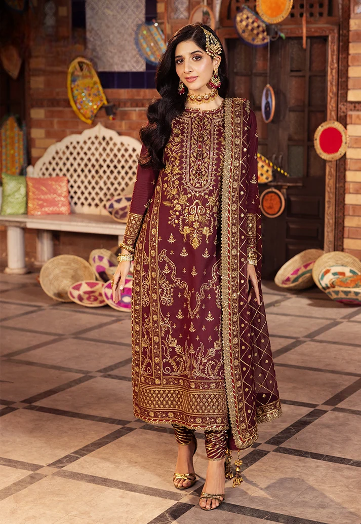 Deep Berry & Metallic Gold: Heavy Embroidered Chiffon Suit | Ready To Wear