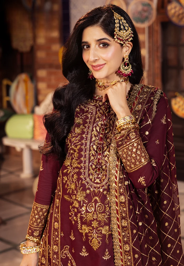 Deep Berry & Metallic Gold: Heavy Embroidered Chiffon Suit | Ready To Wear