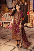Deep Berry & Metallic Gold: Heavy Embroidered Chiffon Suit | Ready To Wear