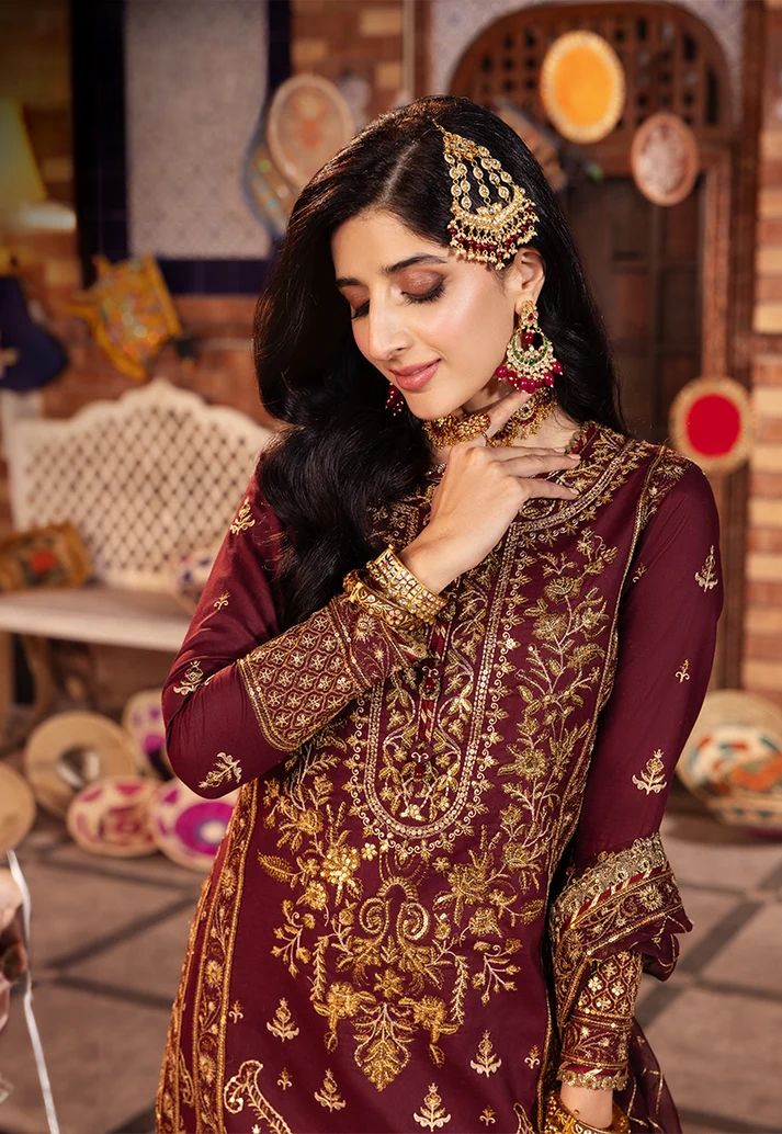 Deep Berry & Metallic Gold: Heavy Embroidered Chiffon Suit | Ready To Wear