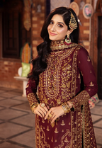 Deep Berry & Metallic Gold: Heavy Embroidered Chiffon Suit | Ready To Wear