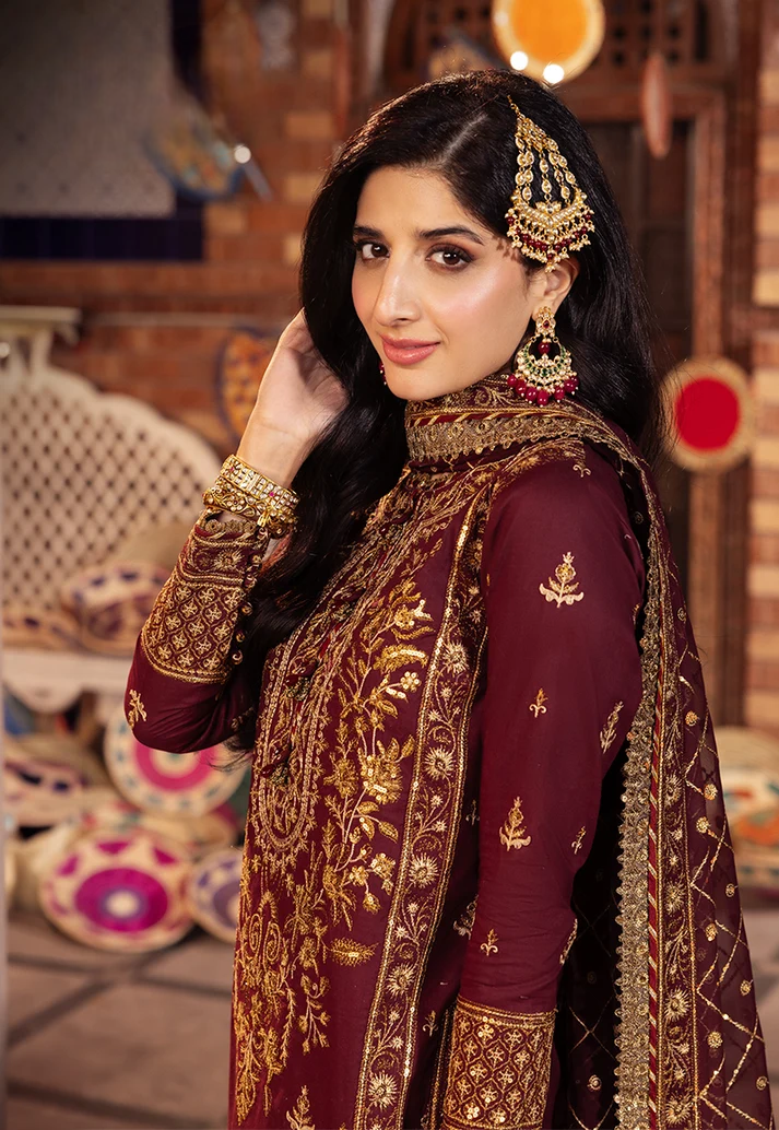 Deep Berry & Metallic Gold: Heavy Embroidered Chiffon Suit | Ready To Wear