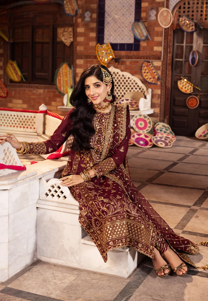 Deep Berry & Metallic Gold: Heavy Embroidered Chiffon Suit | Ready To Wear