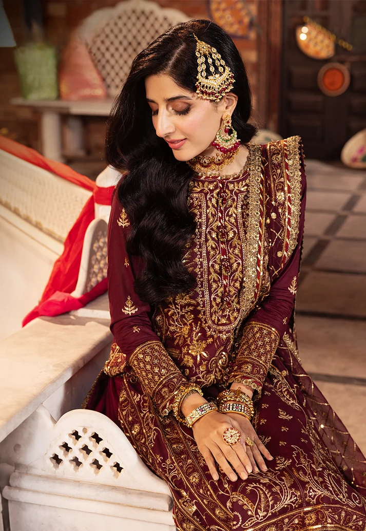 Deep Berry & Metallic Gold: Heavy Embroidered Chiffon Suit | Ready To Wear