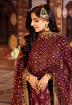 Deep Berry & Metallic Gold: Heavy Embroidered Chiffon Suit | Ready To Wear