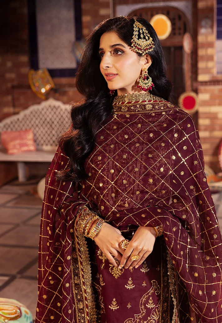Deep Berry & Metallic Gold: Heavy Embroidered Chiffon Suit | Ready To Wear