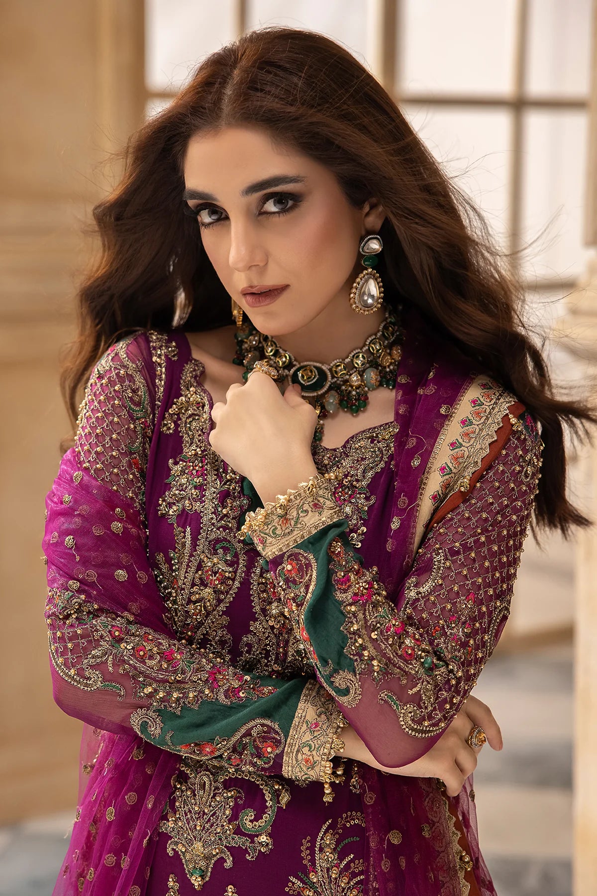 Plum Magneta: Embroidered Chiffon Suit With Net Dupatta | Ready To Wear