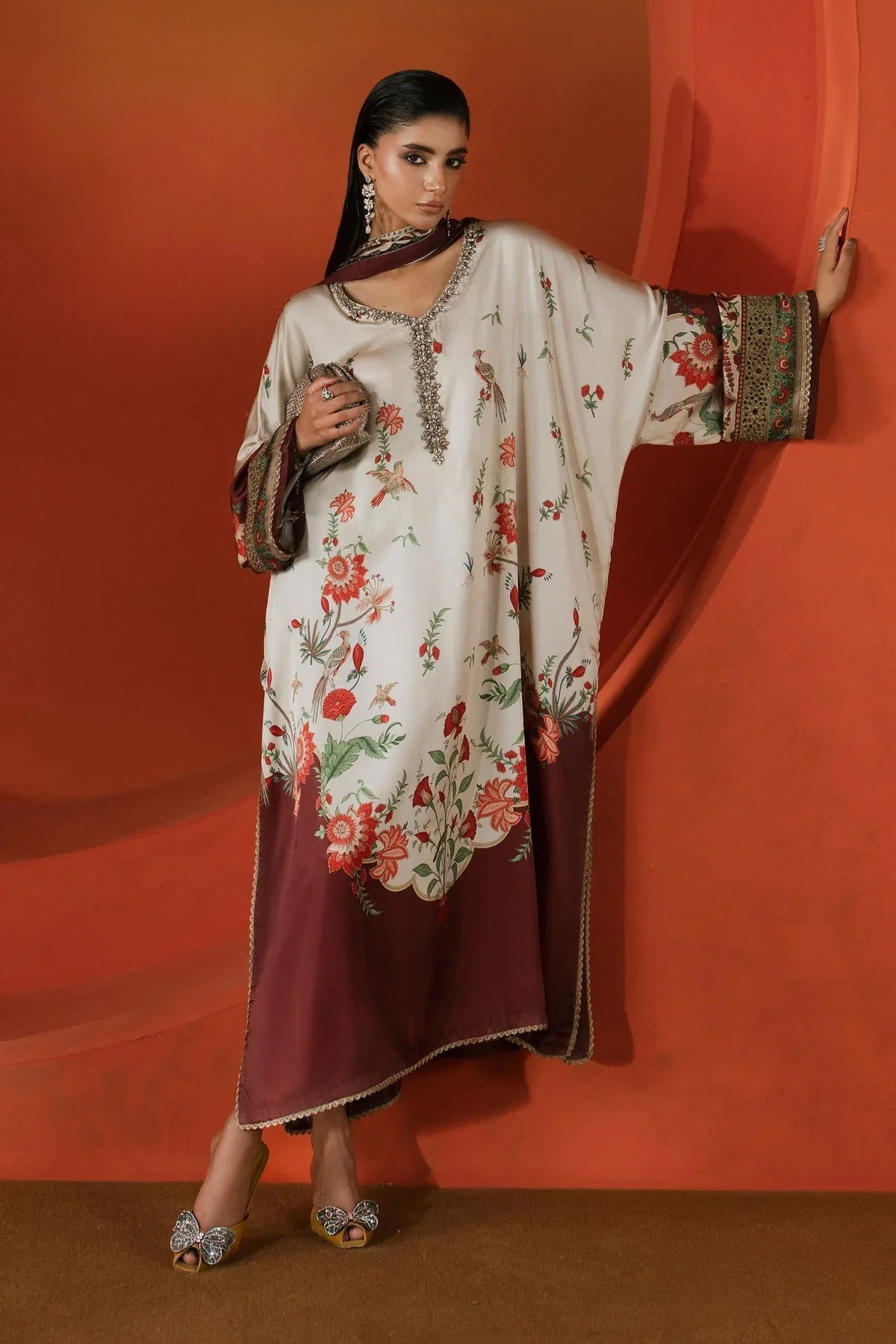 The Ivory Kaftan: Botanical Printed Silk Luxe Kaftan | Ready To Wear