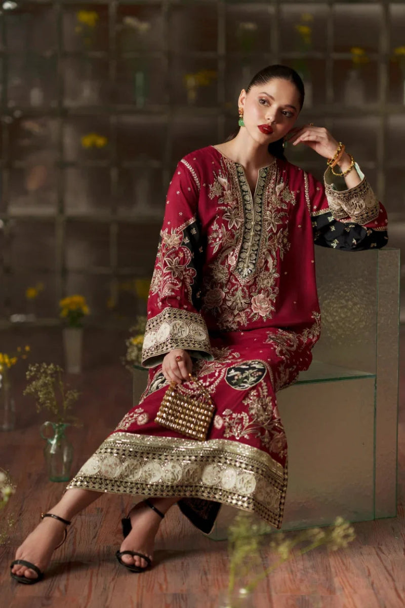 Maroon Charmoush Silk 3-Piece Suit | Ready To Wear