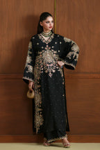 Jet Black & Pastel Pink: 03-Piece Embroidered Silk Kaftan | Ready To Wear