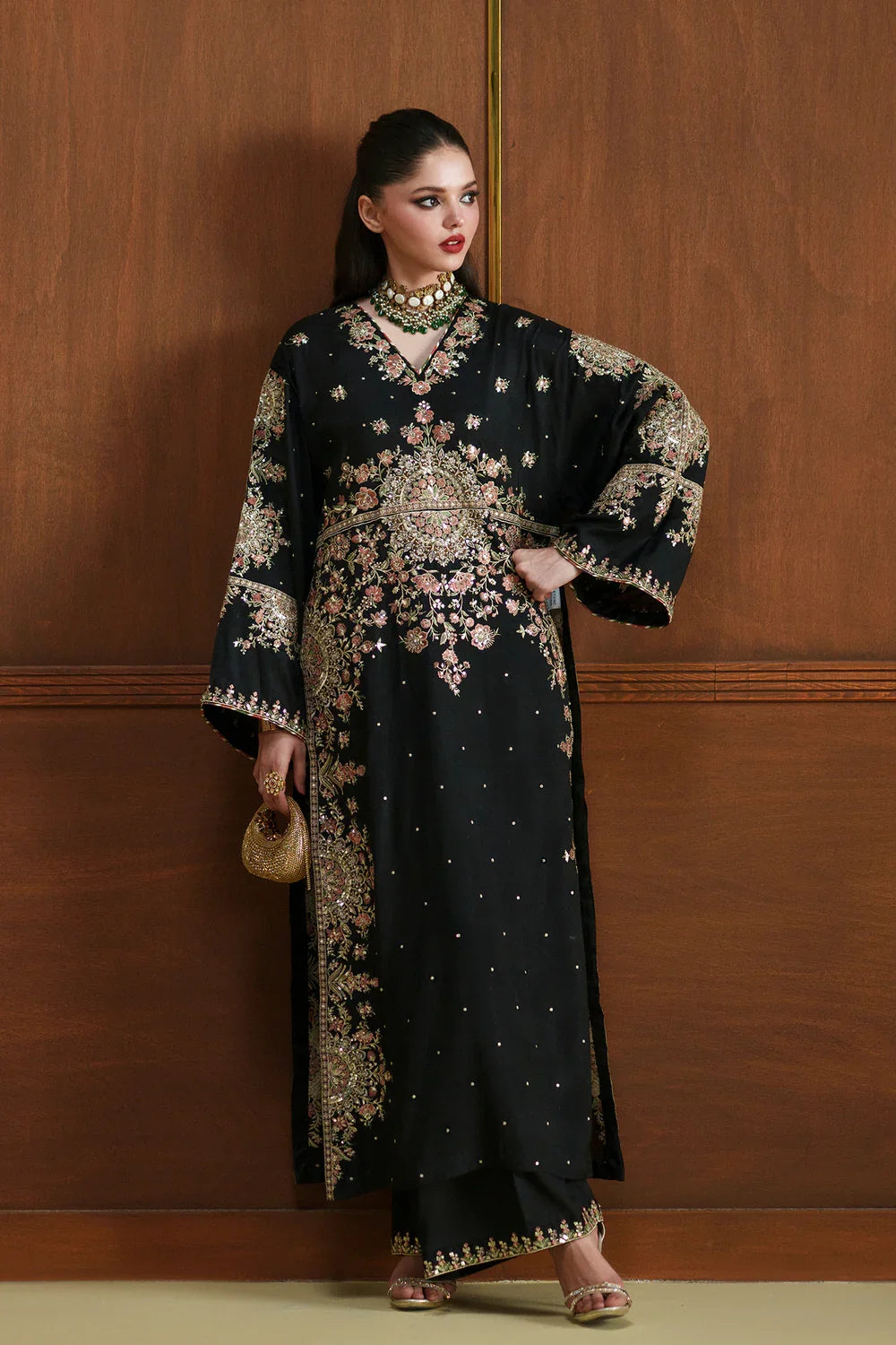 Jet Black & Pastel Pink: 03-Piece Embroidered Silk Kaftan | Ready To Wear