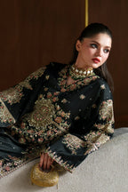 Jet Black & Pastel Pink: 03-Piece Embroidered Silk Kaftan | Ready To Wear