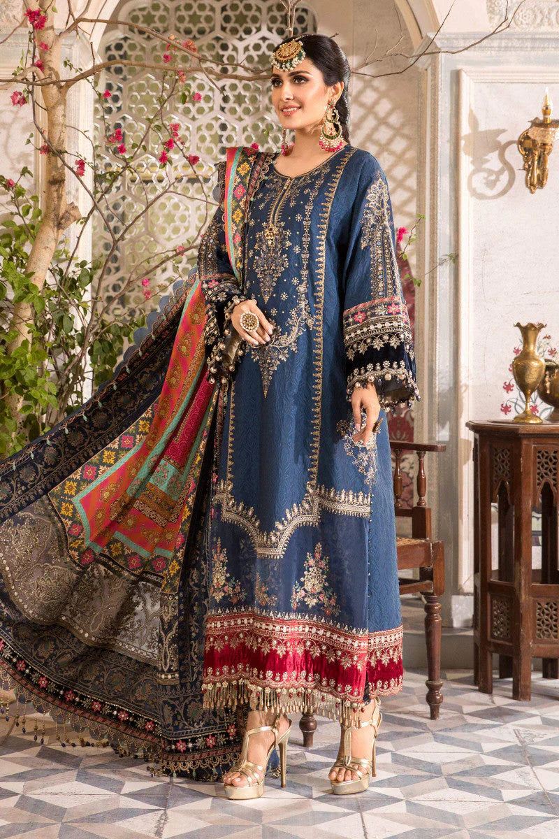 EMBROIDERED MIDNIGHT BLUE PURE CHIFFON 3 PC STITCHED SUIT
