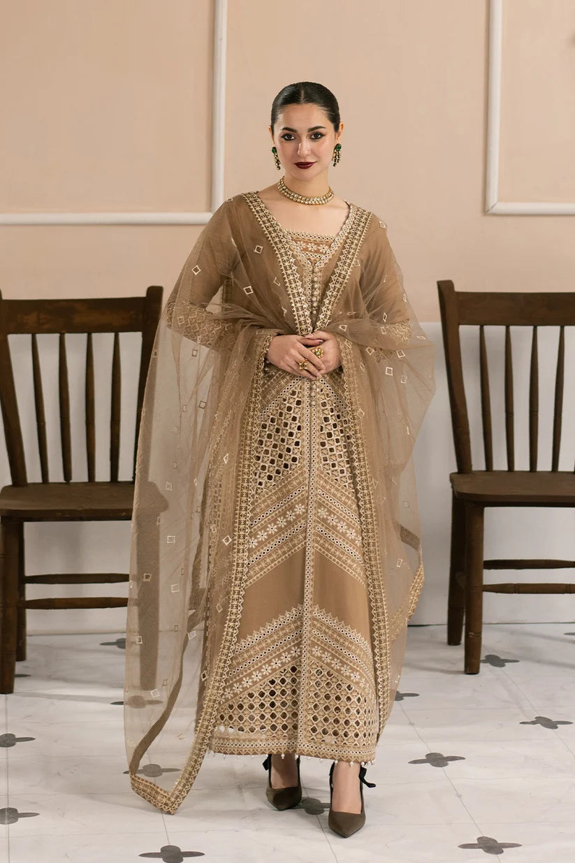 Mocha Brown: Heavy Embroidered Cotton Suit With Net Dupatta | Ready To Wear