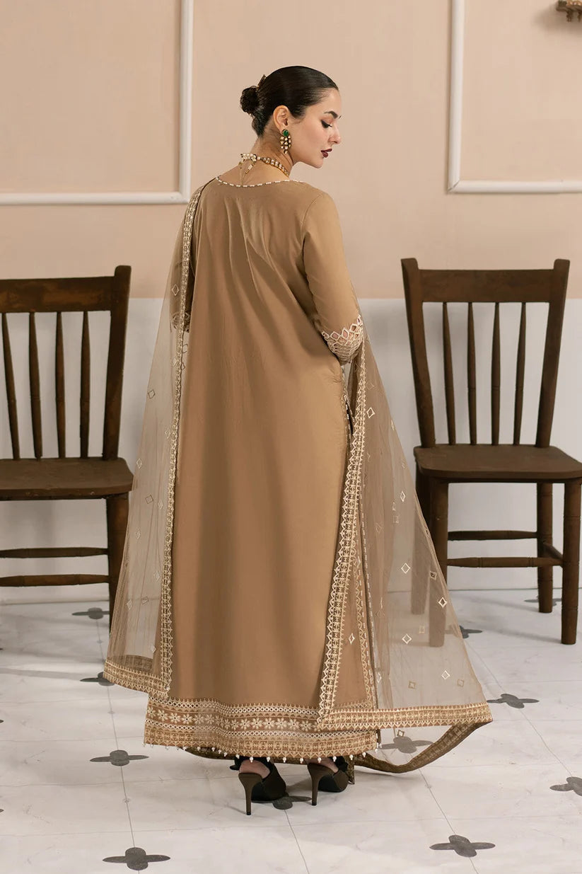 Mocha Brown: Heavy Embroidered Cotton Suit With Net Dupatta | Ready To Wear