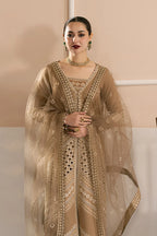 Mocha Brown: Heavy Embroidered Cotton Suit With Net Dupatta | Ready To Wear