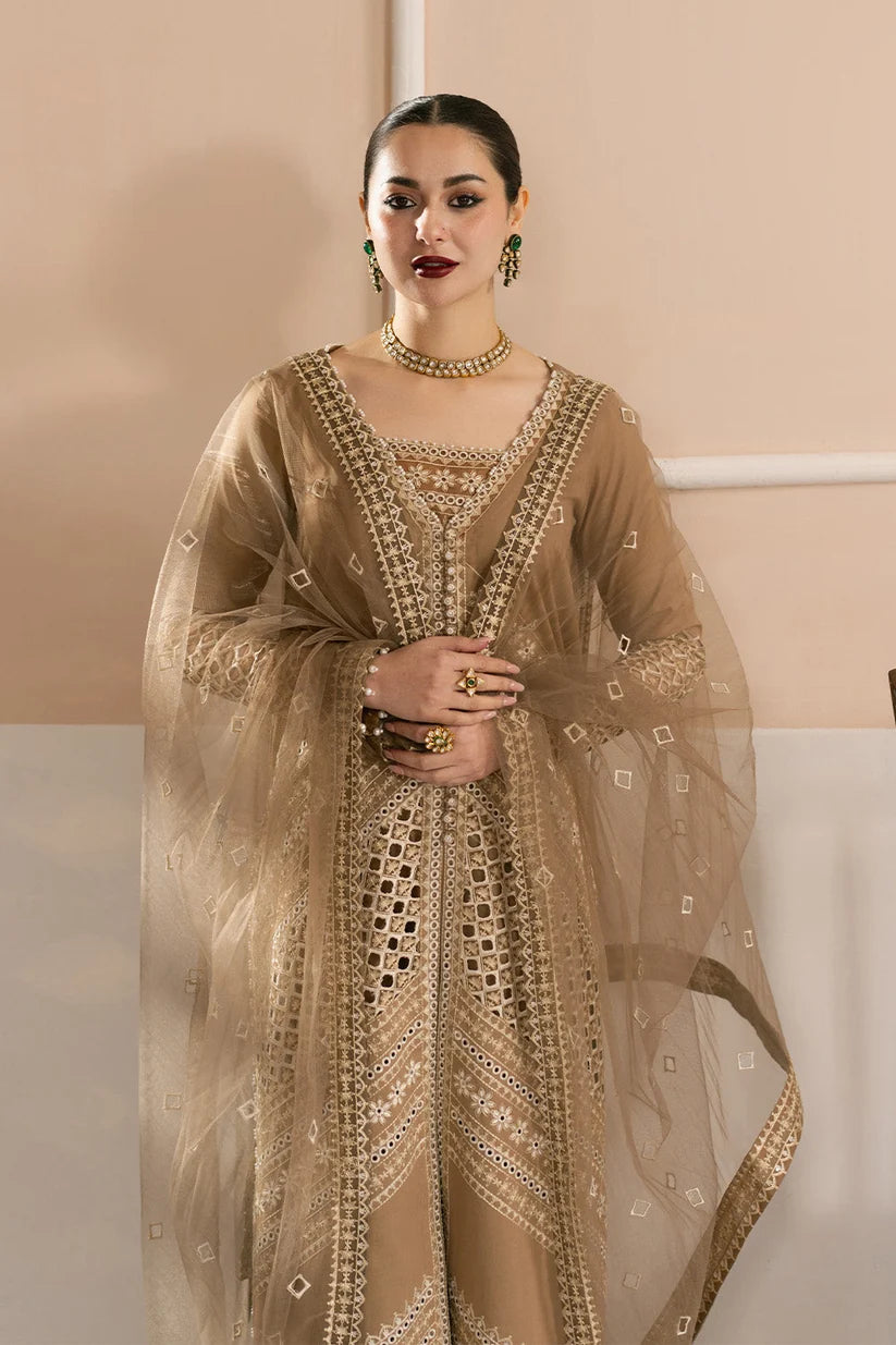 Mocha Brown: Heavy Embroidered Cotton Suit With Net Dupatta | Ready To Wear