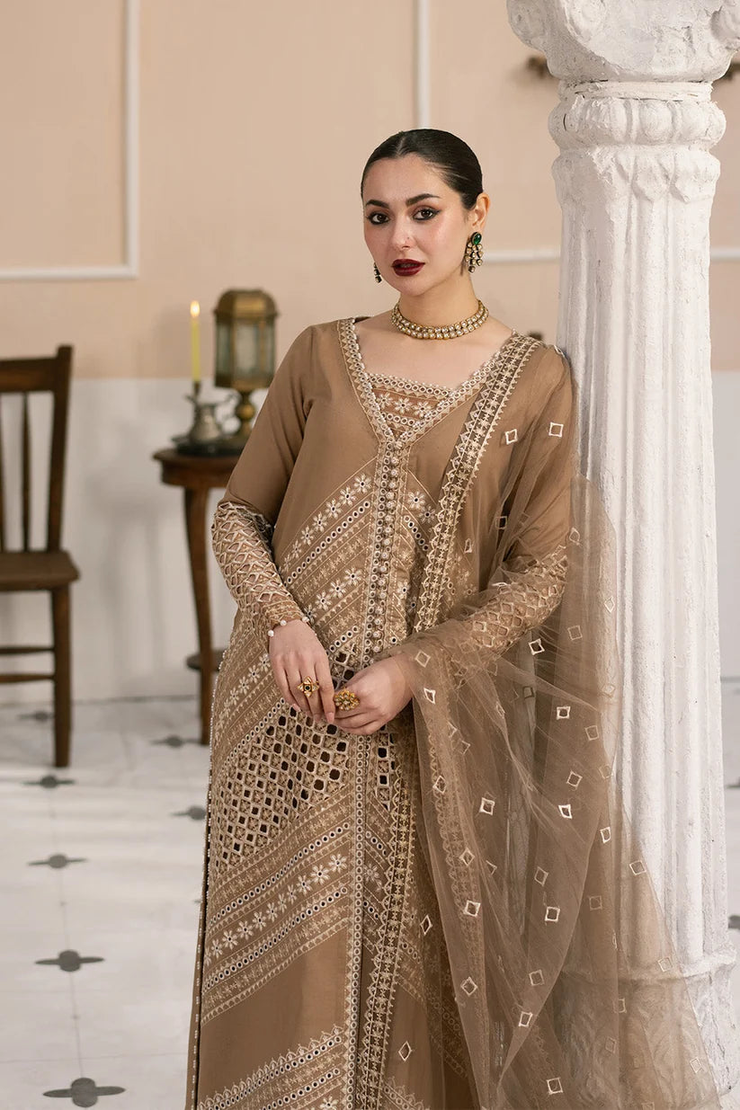 Mocha Brown: Heavy Embroidered Cotton Suit With Net Dupatta | Ready To Wear