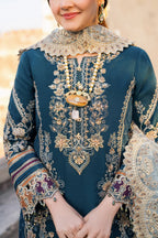 Peacock Blue: Embroidered Chiffon Suit WIth Organza Karandi Dupatta | Ready To Wear