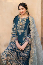 Peacock Blue: Embroidered Chiffon Suit WIth Organza Karandi Dupatta | Ready To Wear