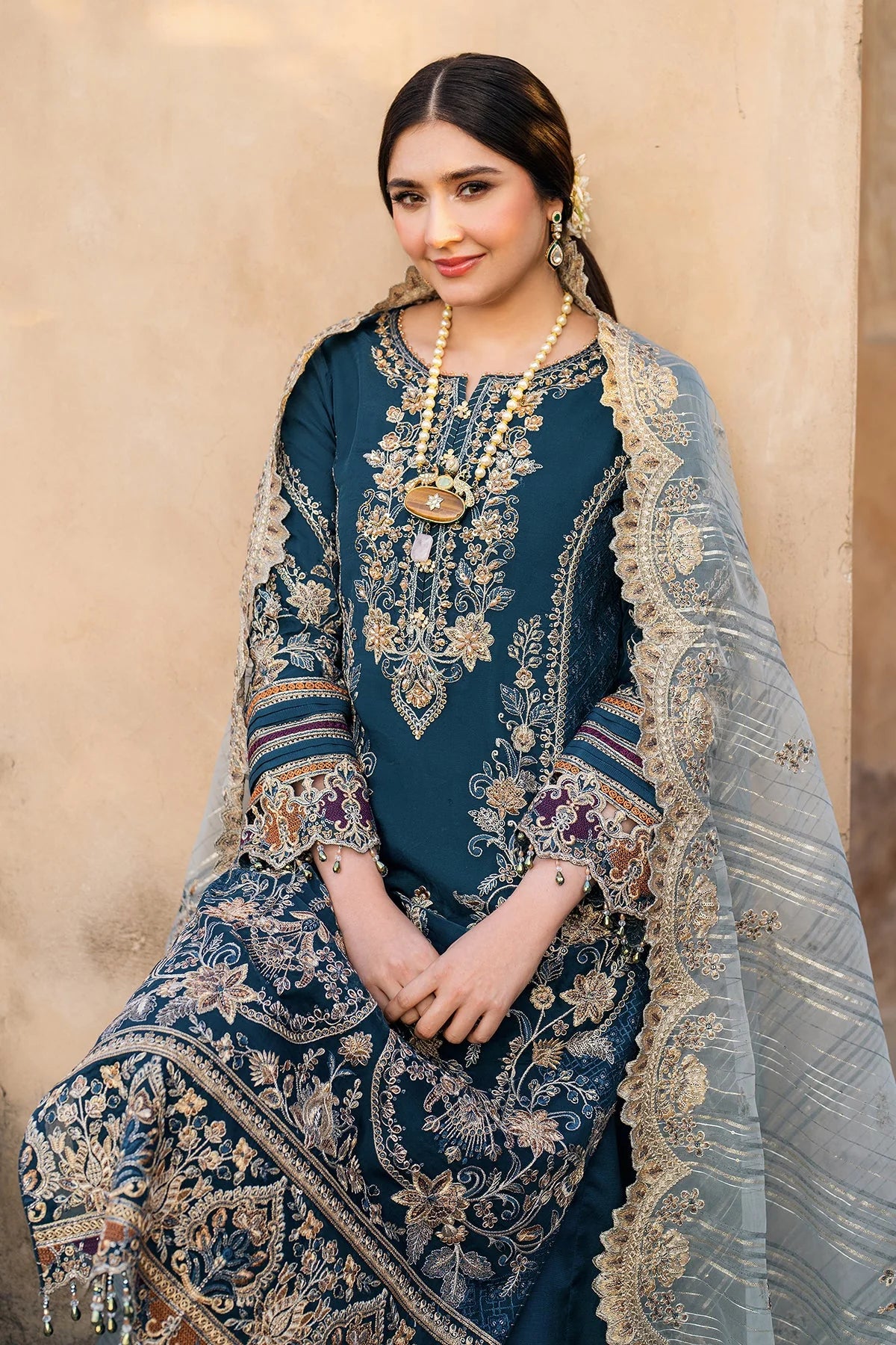 Peacock Blue: Embroidered Chiffon Suit WIth Organza Karandi Dupatta | Ready To Wear