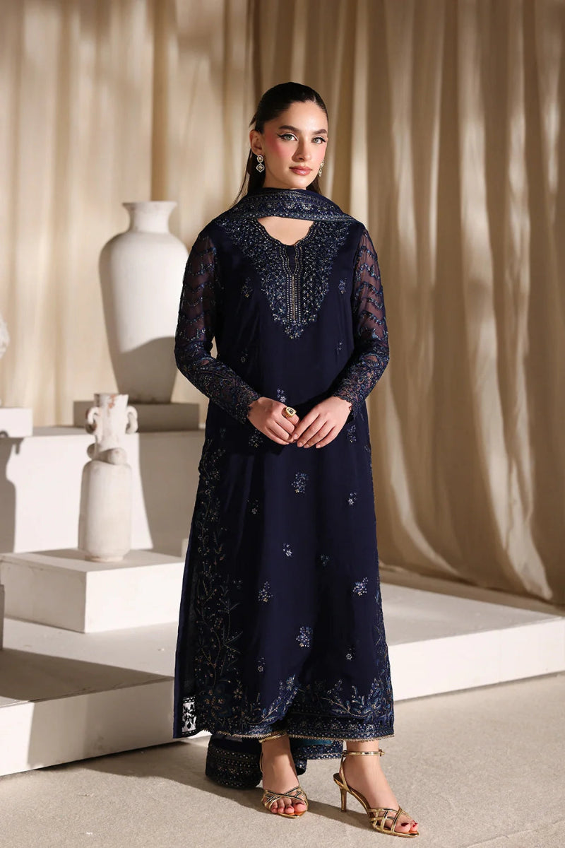 Navy Blue & Metallic Accent: Embroidered Chiffon Suit | Ready To Wear
