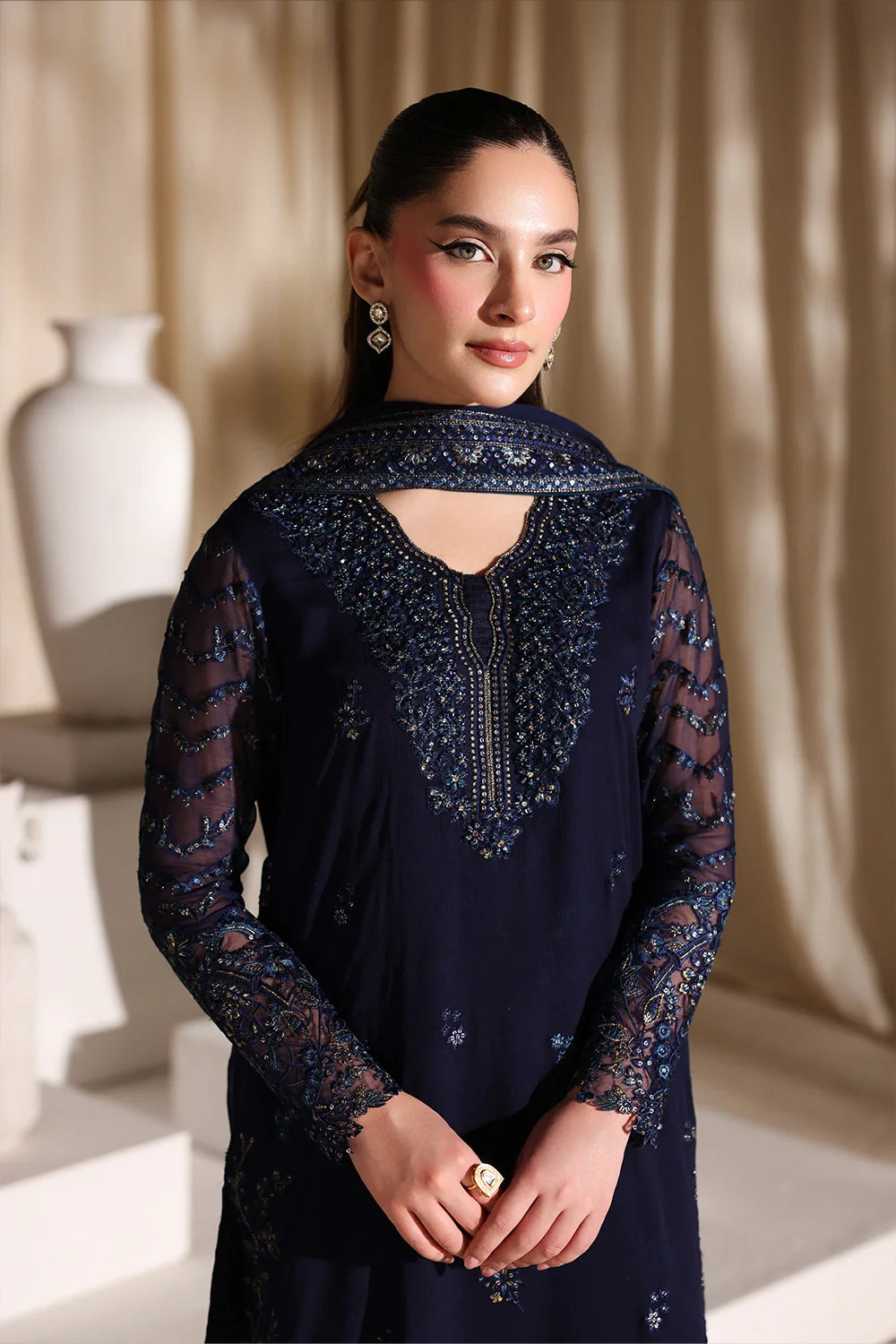 Navy Blue & Metallic Accent: Embroidered Chiffon Suit | Ready To Wear