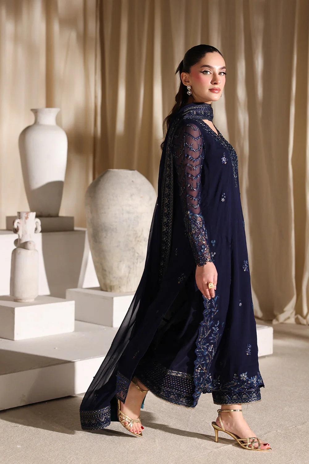Navy Blue & Metallic Accent: Embroidered Chiffon Suit | Ready To Wear