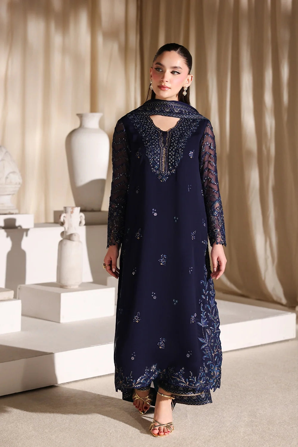 Navy Blue & Metallic Accent: Embroidered Chiffon Suit | Ready To Wear