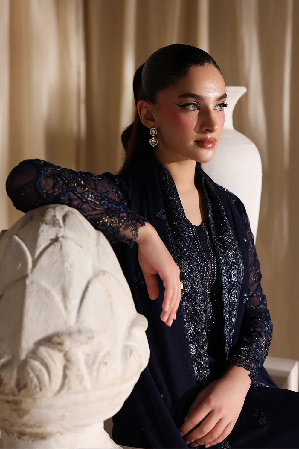 Navy Blue & Metallic Accent: Embroidered Chiffon Suit | Ready To Wear