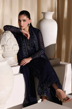 Navy Blue & Metallic Accent: Embroidered Chiffon Suit | Ready To Wear