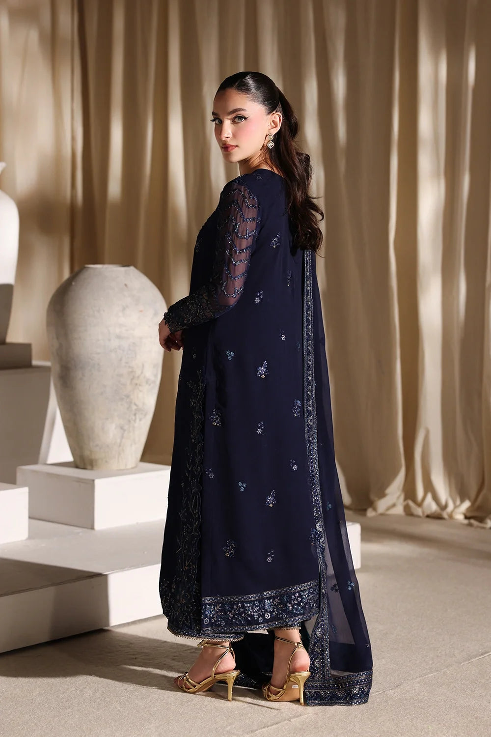 Navy Blue & Metallic Accent: Embroidered Chiffon Suit | Ready To Wear