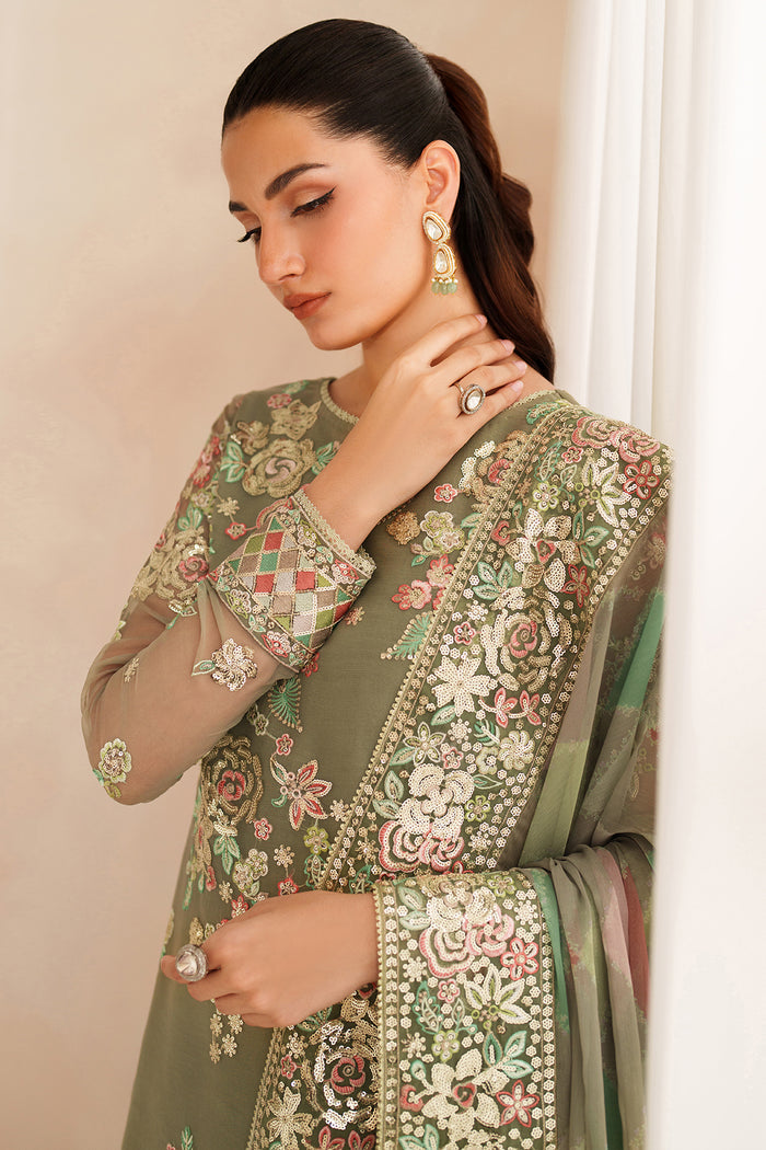 Muted Olive Green: Embroidered Chiffon Suit With Malai Crepe Trouser | Ready To Wear