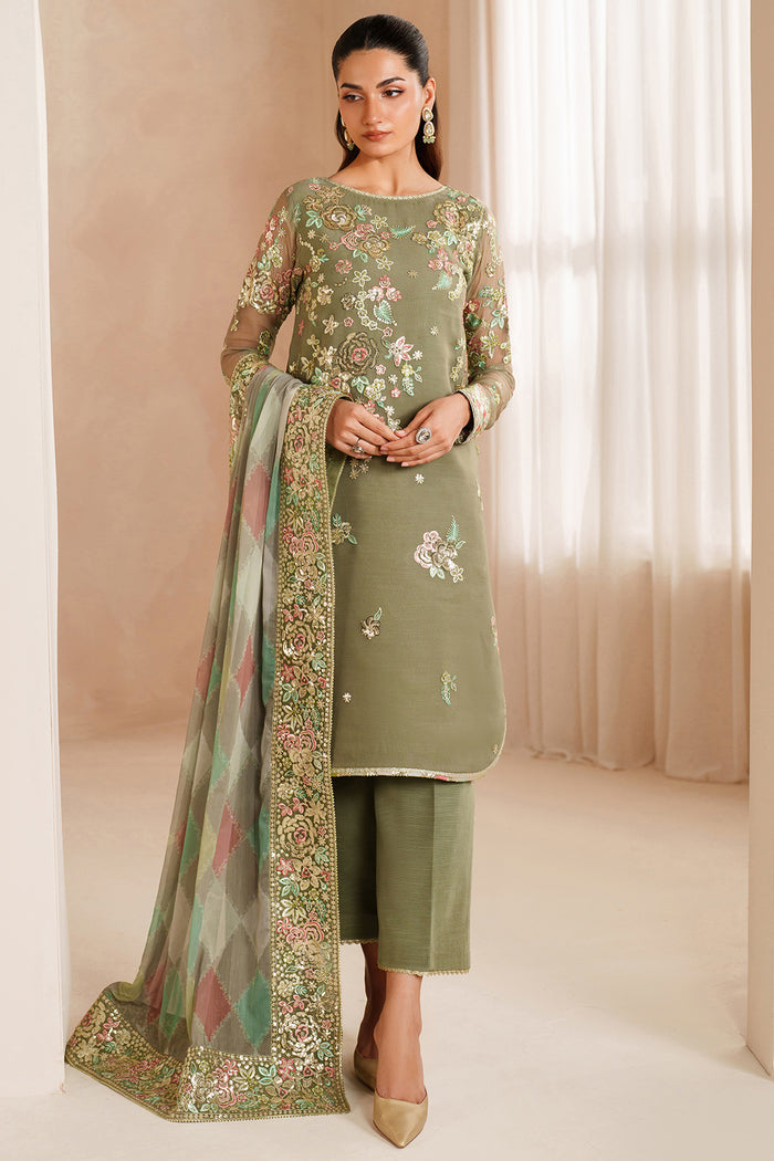 Muted Olive Green: Embroidered Chiffon Suit With Malai Crepe Trouser | Ready To Wear