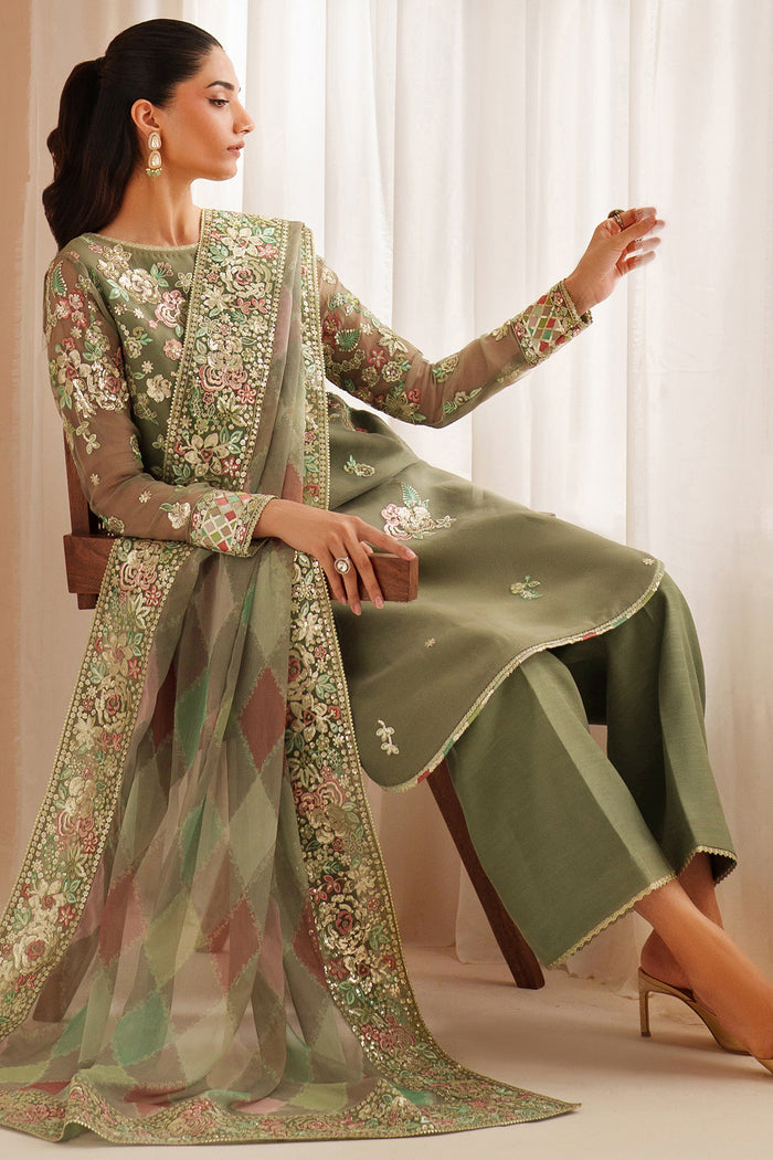 Muted Olive Green: Embroidered Chiffon Suit With Malai Crepe Trouser | Ready To Wear