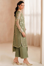 Muted Olive Green: Embroidered Chiffon Suit With Malai Crepe Trouser | Ready To Wear